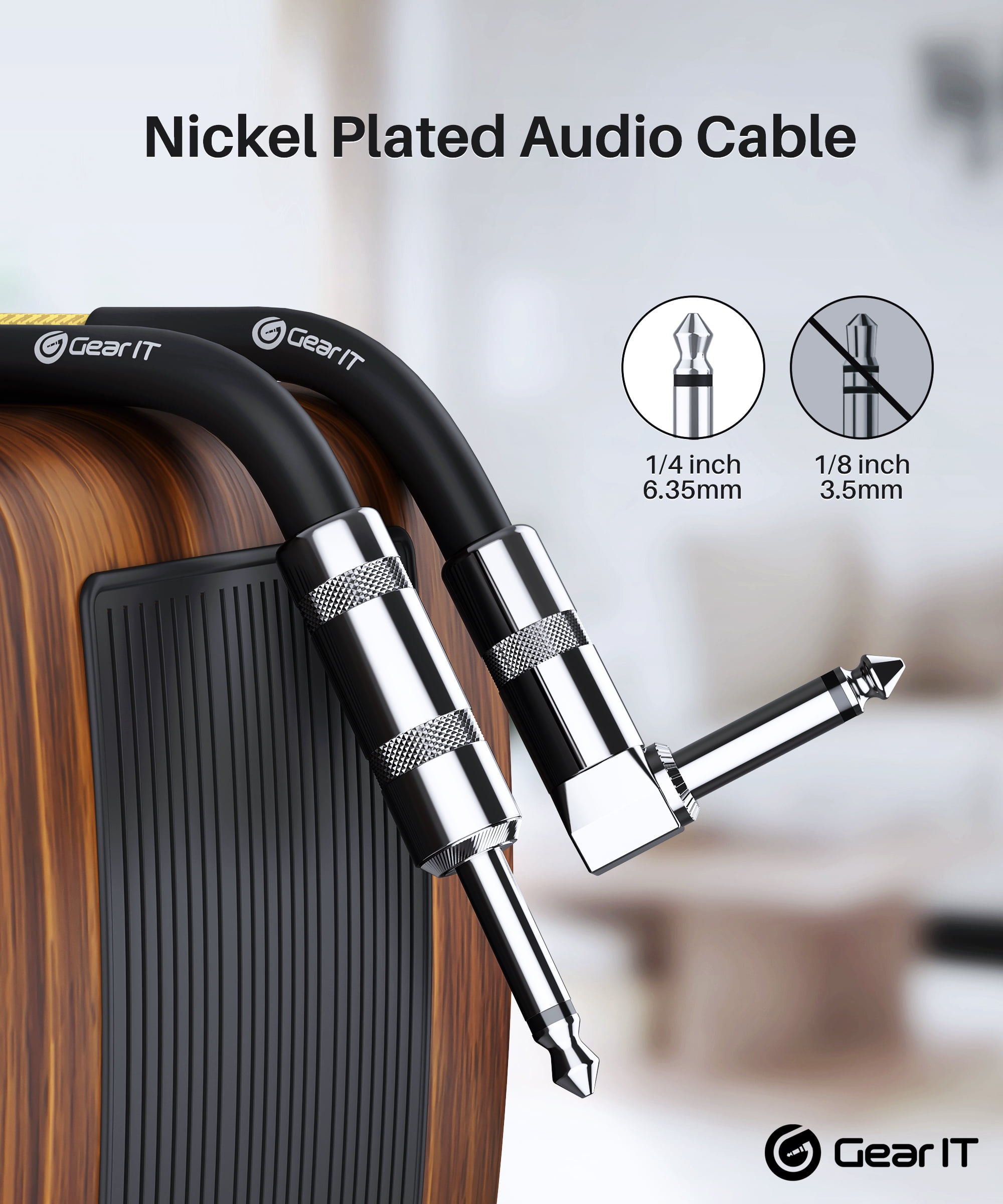 GearIT Audio Instrument Cable (20ft) Right Angle to Straight 1/4 Inch Male to Male for AMP Cord, Base and Electric Guitar - Brown/Yellow
