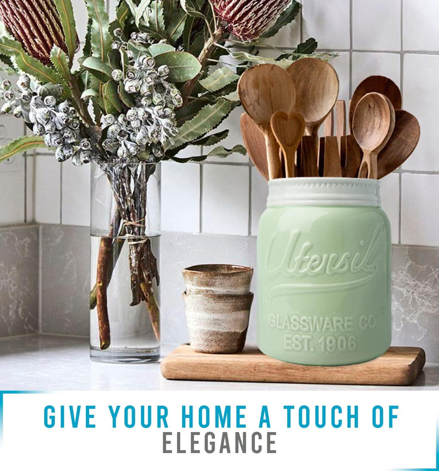 Comfify Ceramic Mason Jar Utensil Holder, Farmhouse Kitchen Countertop Organizer for Spoons, Spatulas & Cooking Tools, Decorative Green
