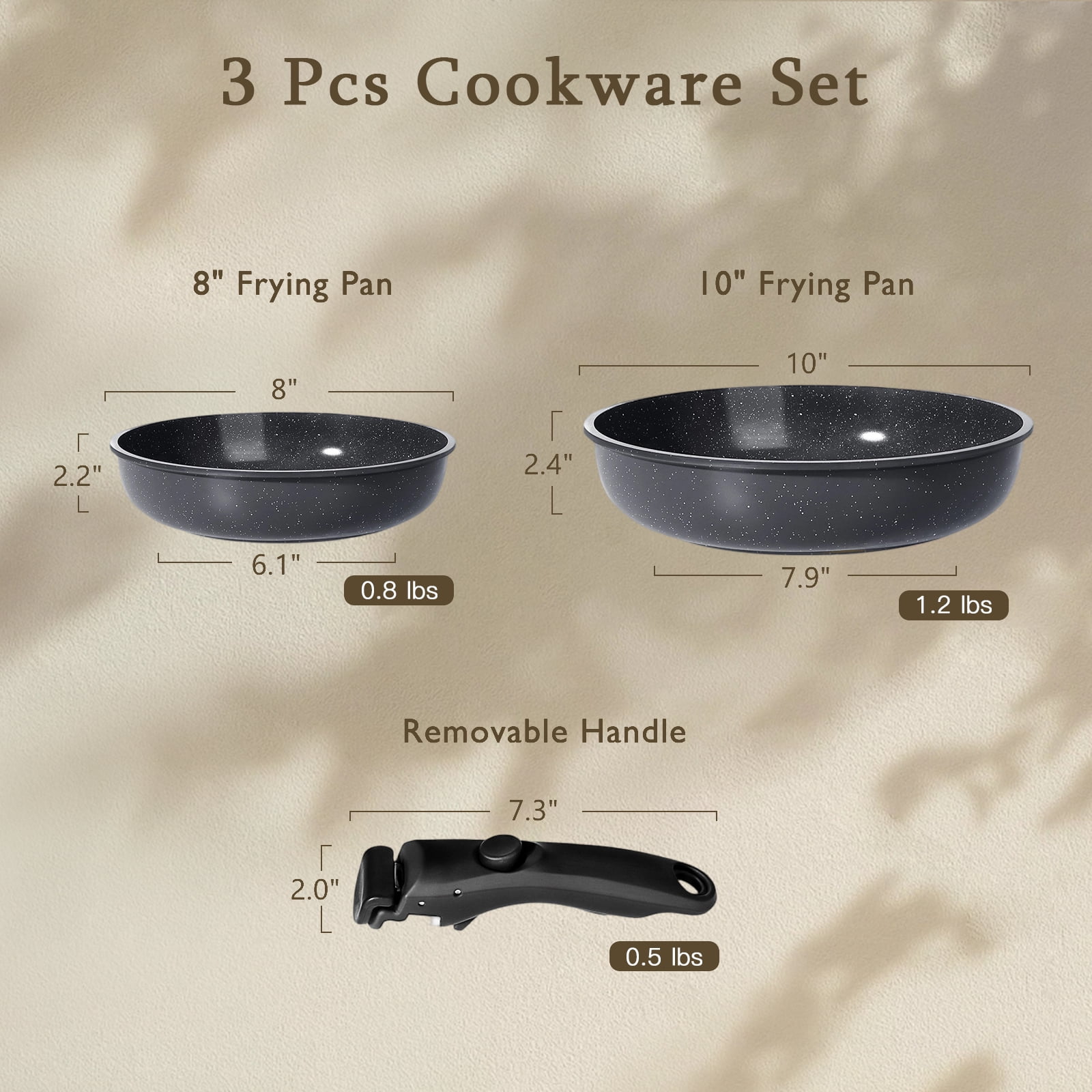 GIPP 3pcs Ceramic Non Stick Frying Pans Set,Skillet Non Stick With Removable Handle Oven & Dishwasher Safe,Induction Cookware