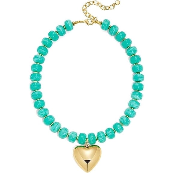 Gold Heart Pendant Necklaces for Women Colorful Acrylic Resin Beaded Choker Necklace Fashion Chunky Statement Beaded Heart Necklace