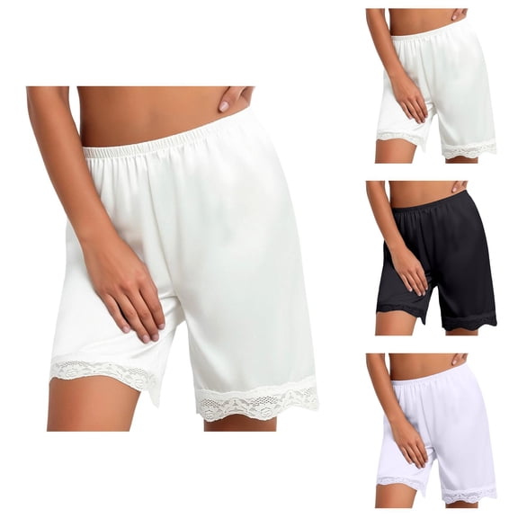 Lace Satin Shorts for Women Summer Casual Lightweight Elastic Waist Straight Leg Loose Knee Length Pettipants