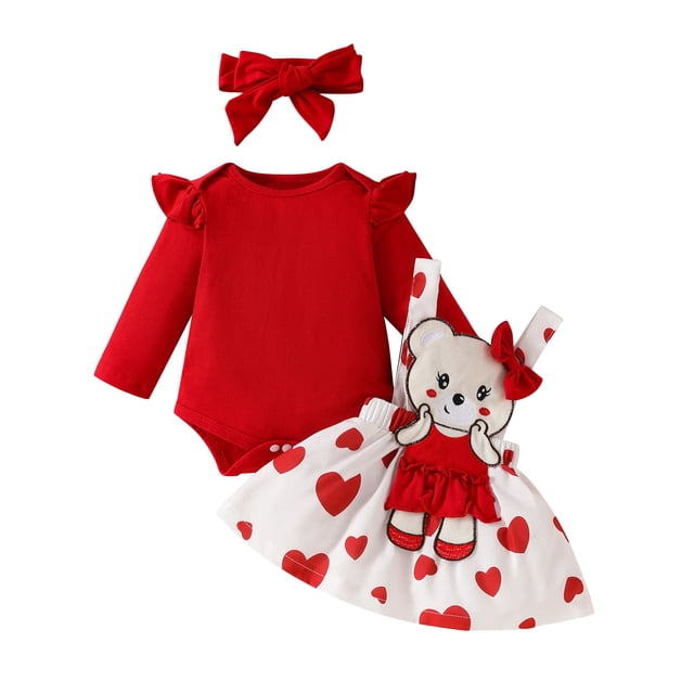Odeerbi 0-18 Meses Niñas San Valentín Conjunto Canastilla Verano Body Punto Oso Falda Tirantes Con Cinta Tres Piezas Conjunto Mono