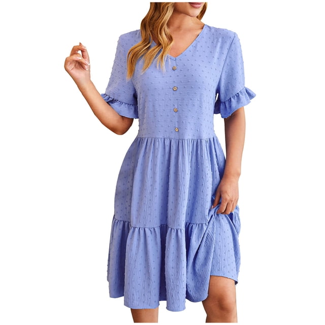 Besolor Robe d'Été pour Femme à Col en V, Manches Courtes, Boutonnée, Longueur Genou, Robe Ample Fluide à Volants, Style Bohème, Robes Soleil