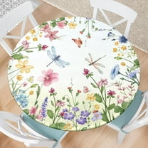 Spring Summer Floral Round Fitted Tablecloth with Elastic Waterproof Outdoor Tablecloth Wipeable Table Cover for Indoor Kitchen Home Party Fits 36-40" Diameter Round Tables