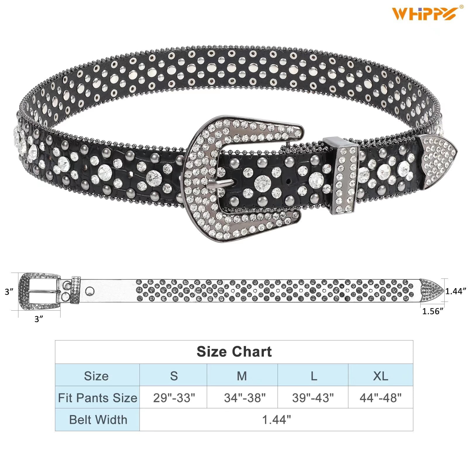 WHIPPY Women Men Rhinestone Studded Leather Belt, Western Cowgirl