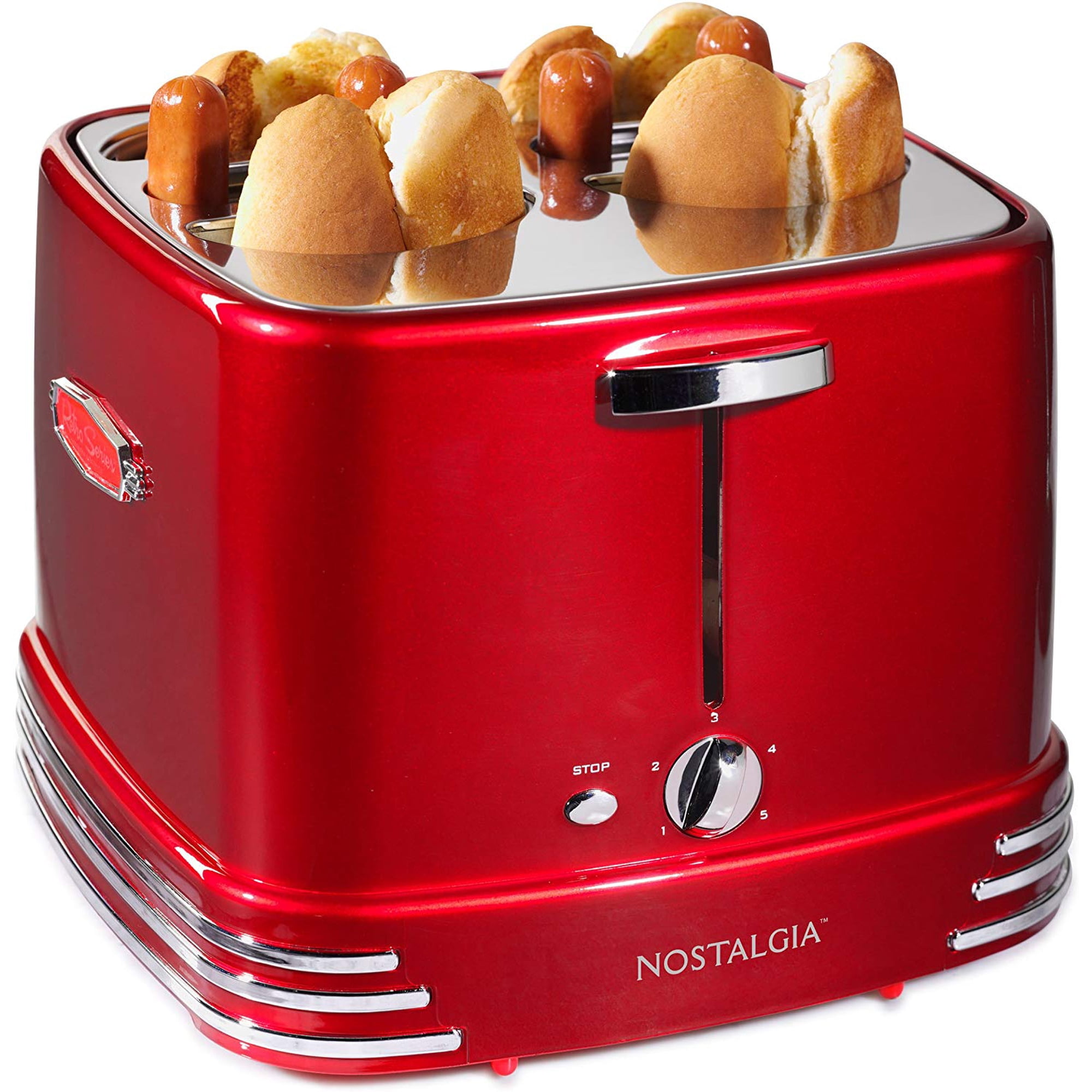 Nostalgia 4-Slot Retro Pop-Up Bun and Hot Dog Toaster with Slide Out Drip Trays and Mini Tongs, Red