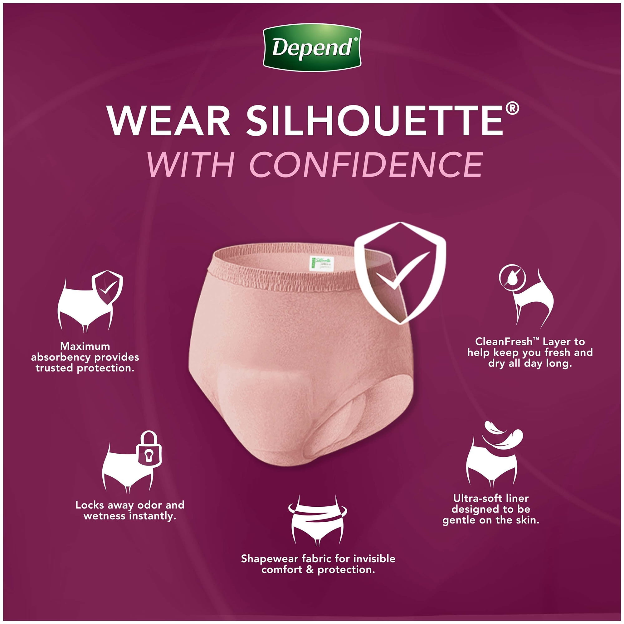 Depend Silhouette Adult Incontinence Underwear for Women, XL, Black, Pink &  Berry, 10Ct 