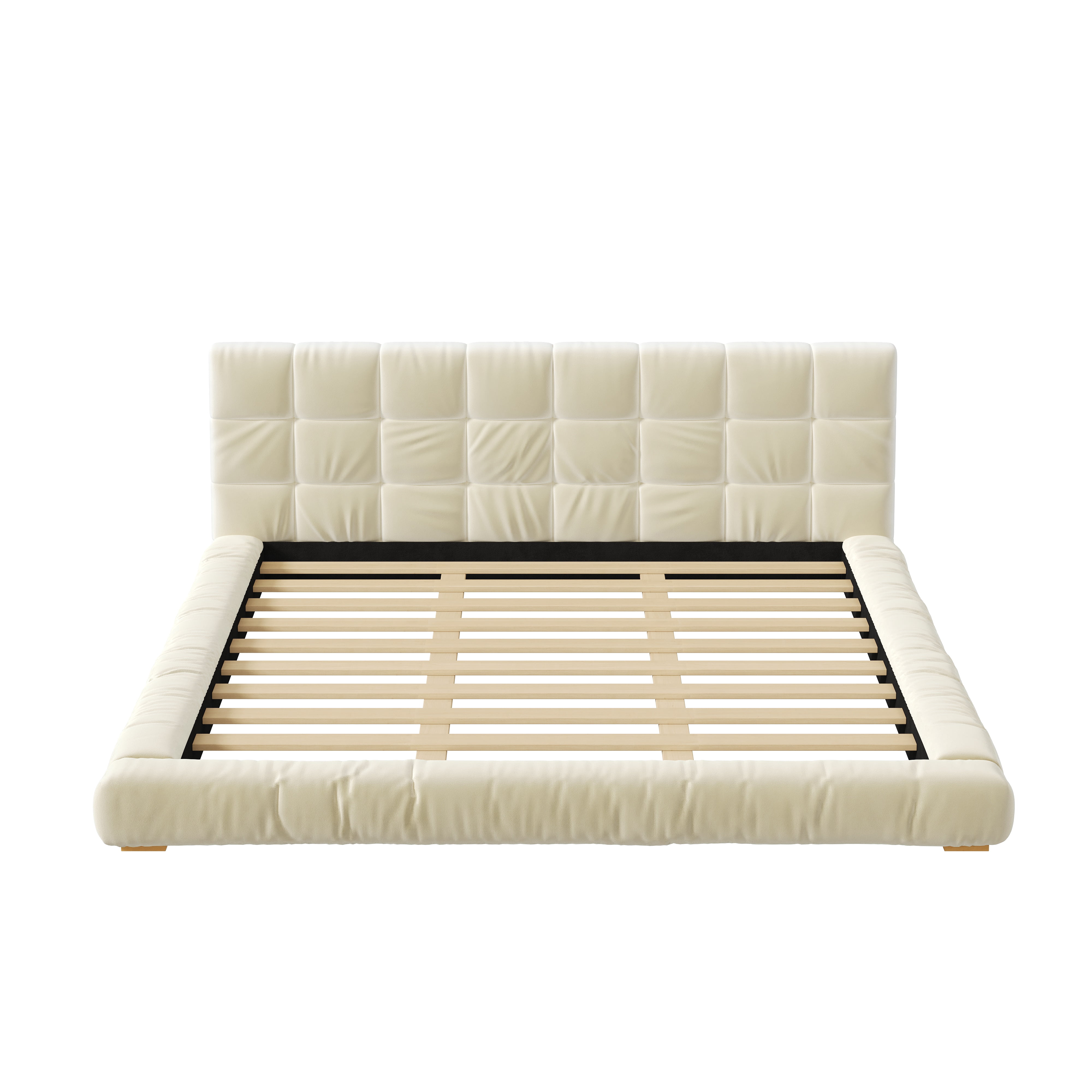 Euroco Velvet Upholstery King Size Platform Bed with Channel Tufted Headboard, Beige