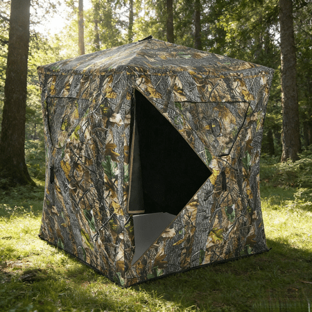 1 Pack Hunting Blind Pop Up Ground Tent 80x80x65.5 Inch 3 Person Hub System Fiberglass Frame Camouflage Portable Deer Elk Antelope Shooting Mesh Windows Silent Buckles Carry Bag Waterproof 12.5 lbs