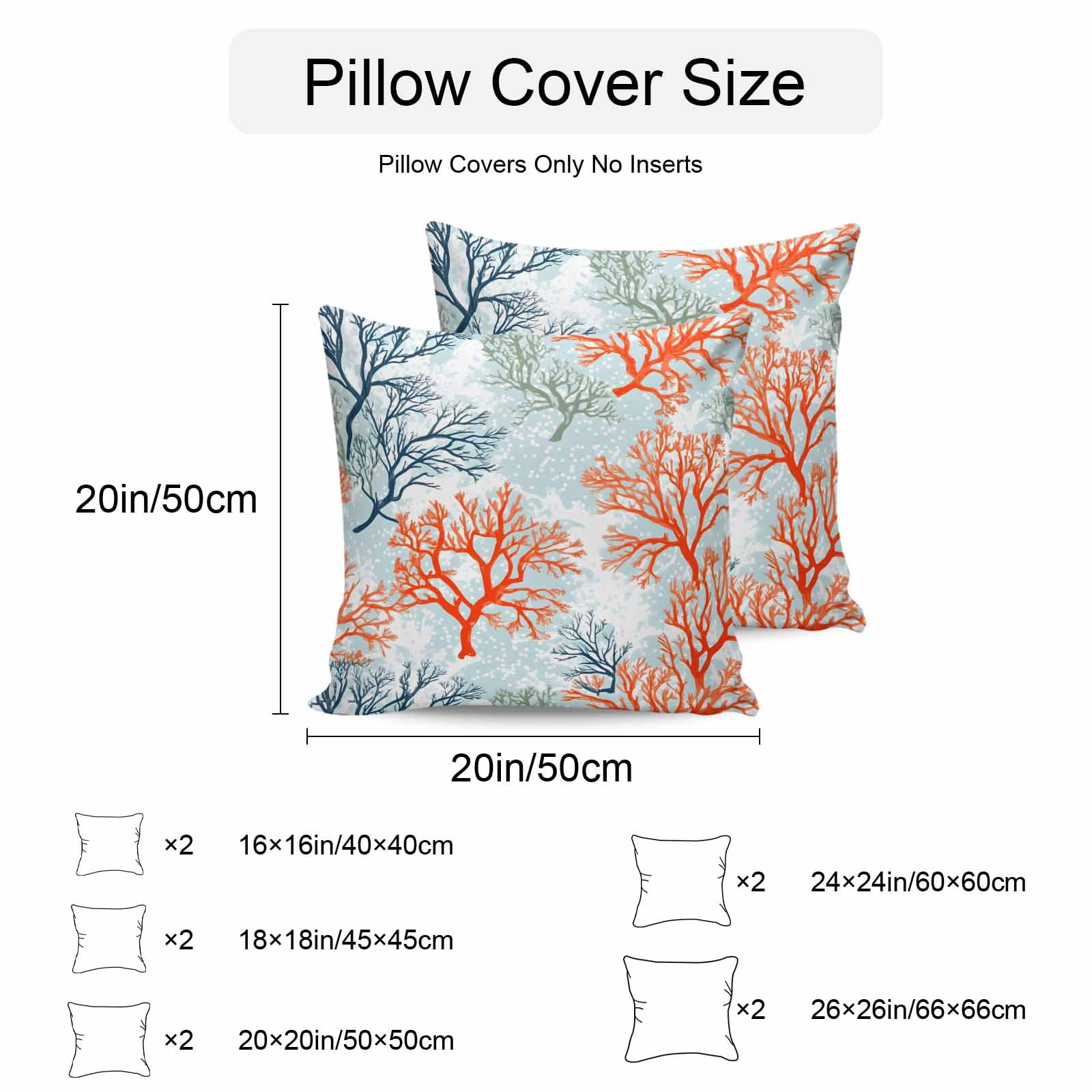 Waterproof Throw Pillow Covers Set of 2, 20x20 Inch Orange-red Coral Decorative Pillowcases Outdoor Pillow Slip Cushion Covers Set for Couch Tent Blue Ocean Coastal Nature Branch Dots