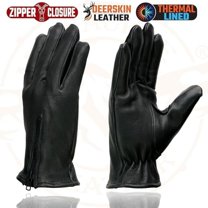 Men's Thermal Lined USA Deerskin Leather Black Motorcycle Gloves w/Zipper Closure