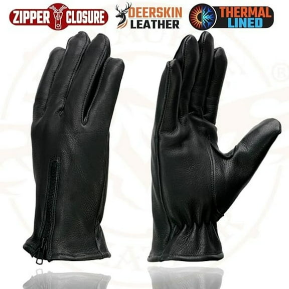 Men's Thermal Lined USA Deerskin Leather Black Motorcycle Gloves w/Zipper Closure