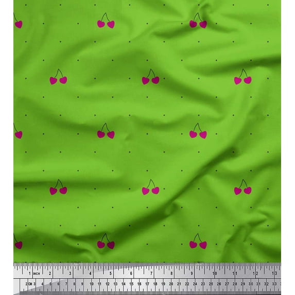 Soimoi Green polyester Crepe Fabric Cherry & Dots Printed Fabric 1 Yard 52 Inch Wide