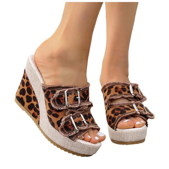 Dakaela Two Buckles Sandals Women Open Toe Platform Wedge Slip on Slides Womens Denim Summer Beach Casual Walking Shoes (6.5,Brown)