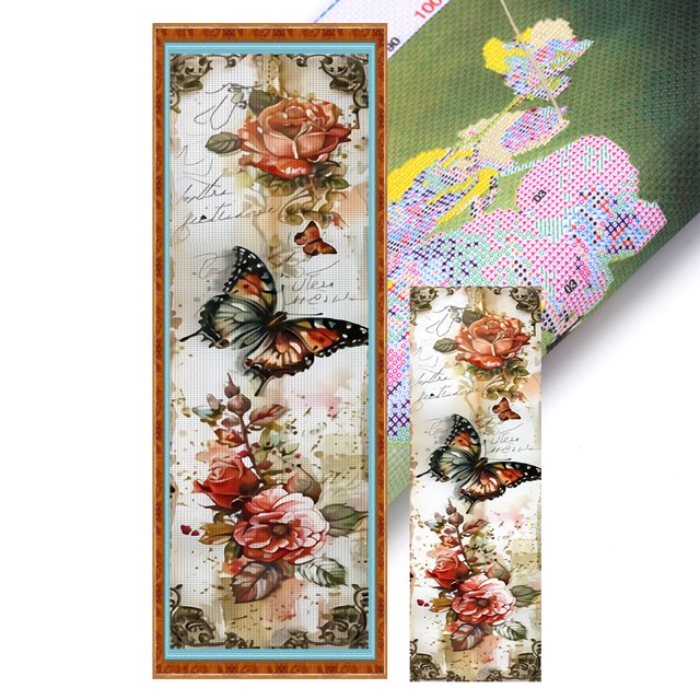 (1) Hilo Algodón Ecológico Bordado 11CT 3 Hebras Impresión 30*90cm Kit Serie Flores Y Mariposas Punto Cruz