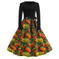 thumbnail image 2 of Halloween Dresses for Women Castle Bat Crew Neck 1950s Hepburn Vintage Dresses Long Sleeve Cocktail Cute Retro Tea Length Dress with Belt 2XL, 2 of 6