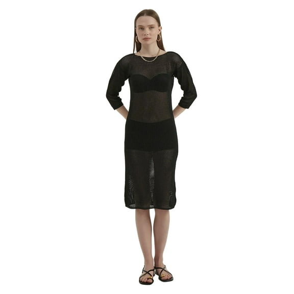 Knitted Mesh Round Neck Midi Dress