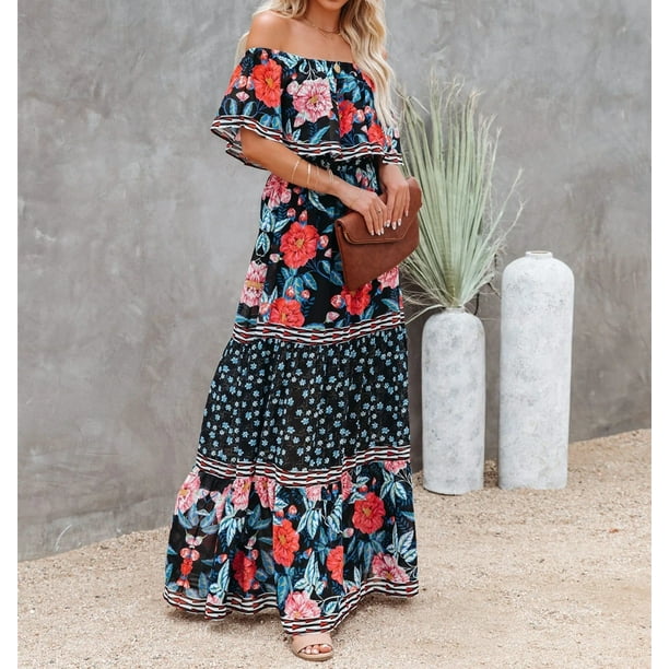Summer Women Maxi Dress Off Shoulder Vintage Beach Bohemian Causal Floral  Print Swing Dress Long Dresses
