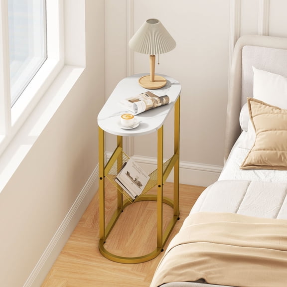Spaco 2-Tier Industrial Oval Side Table, Mesh Storage Shelf, Adjustable Stabilizing Foot Pads, White
