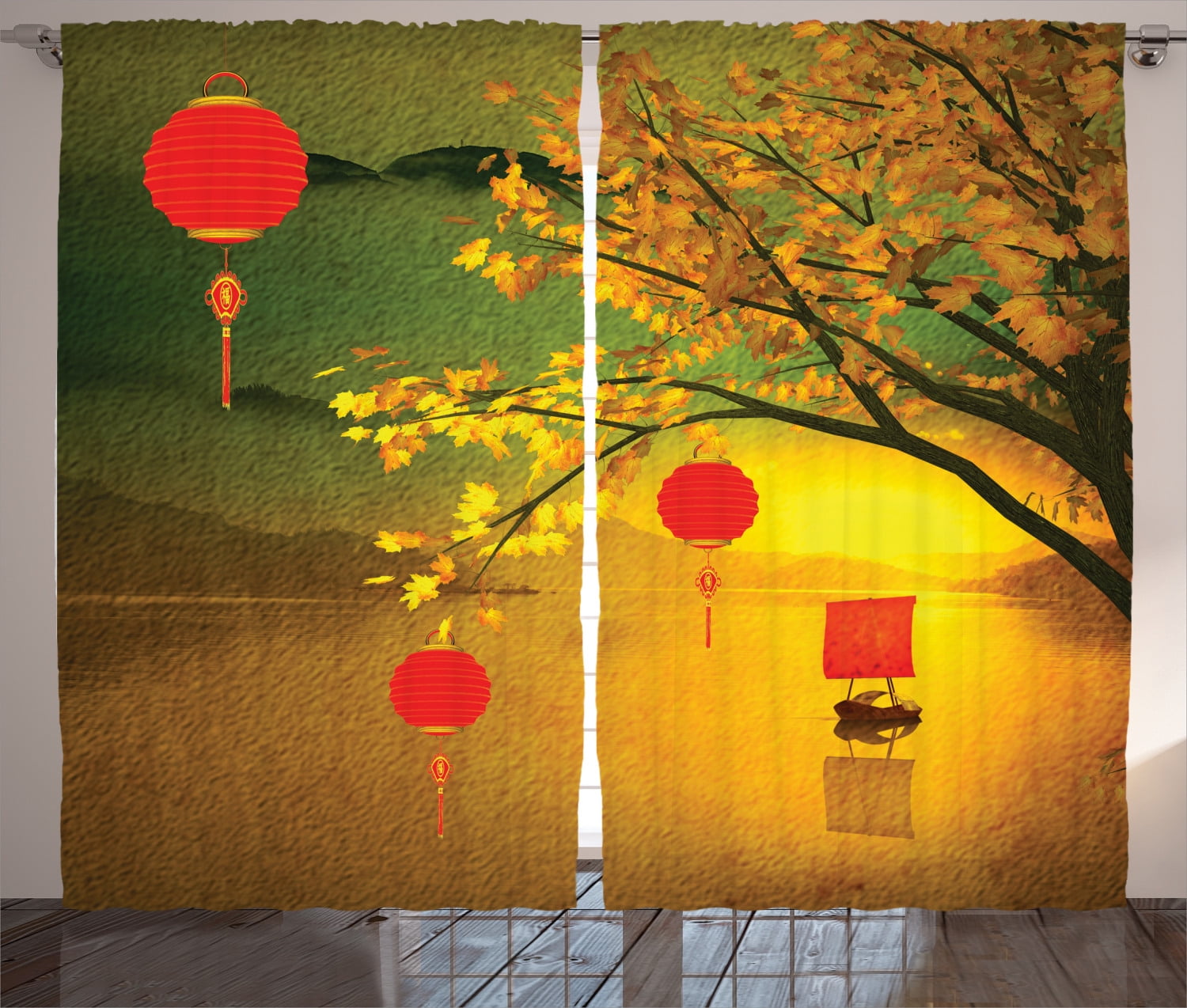 Asian Curtains 2 Panels Set Traditional Chinese Lanterns Hanging From Pale Fall Trees Over The Lake Faded Nature Photo Living Room Bedroom Decor