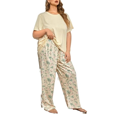 

Apricot Casual Floral Print Round Neck Pant Sets Short Sleeve Plus Size Pajama Sets (Women s Plus)