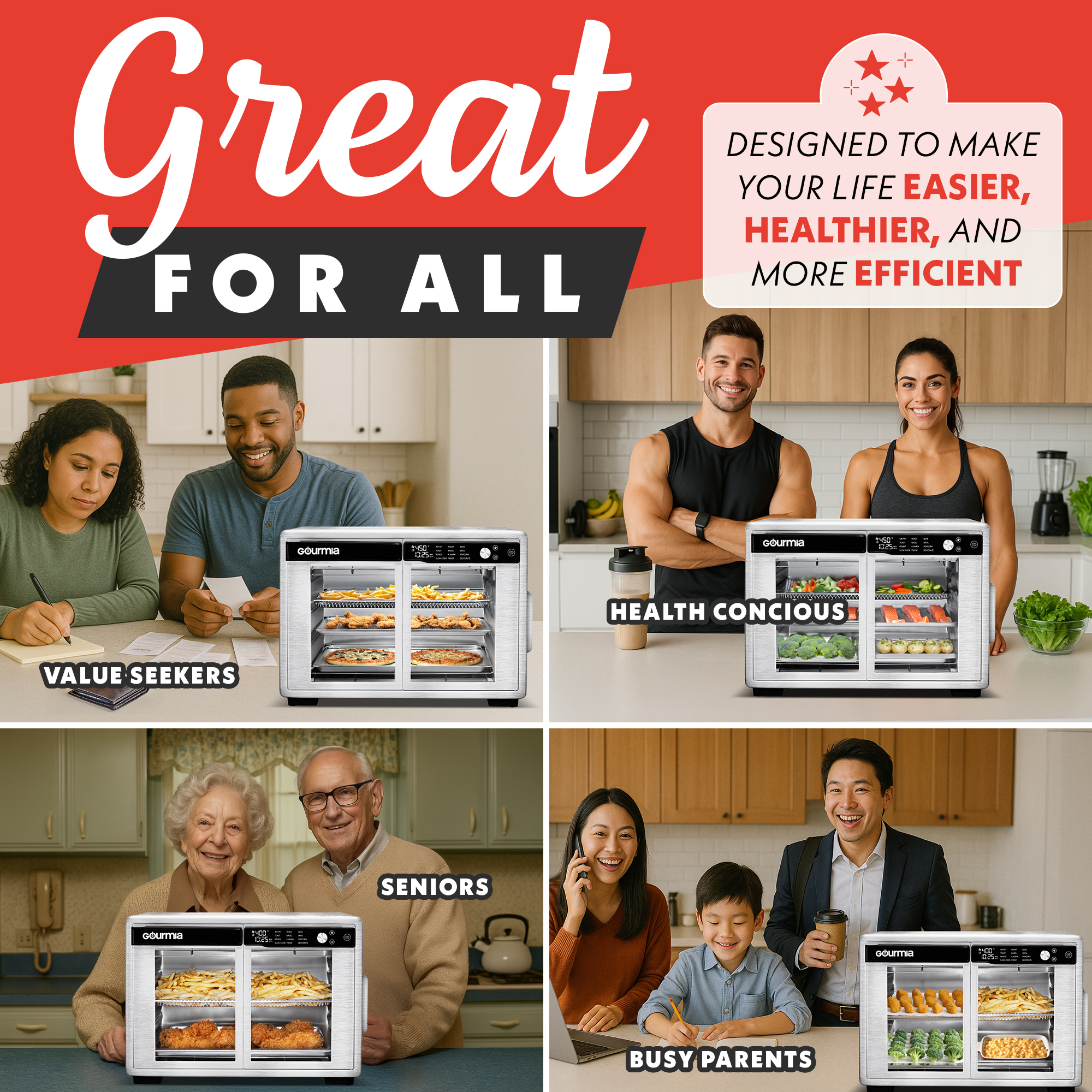 Gourmia Air Fryer French Door Toaster Oven - 9 Slice Capacity, 12 Presets, Stainless Steel