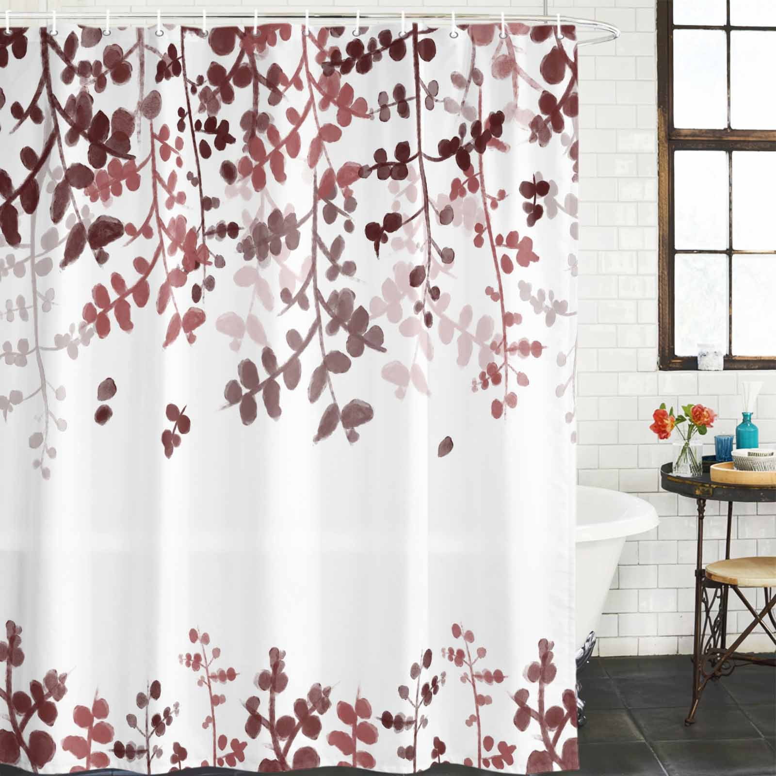 Leaves Shower Curtain, Waterproof Shower Curtains for Bathroom, Pink Brown Summer Botanical Washable Fabric Bathtub Curtain Set Bath Decor with 12 Hooks Standard 72"x72"