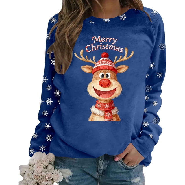 Chandail en Molleton pour Femmes Chandail Tendance de Noël Col Rond Manches Longues Haut Athlétique Mode Automne