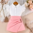 thumbnail image 2 of IFNWSV Girls 2 Piece Outfits Set Toddler Solid Color Lapel Lace Flutter Sleeve Top Casual with Irregular Skirt Pants Pink 1-2 Years, 2 of 6