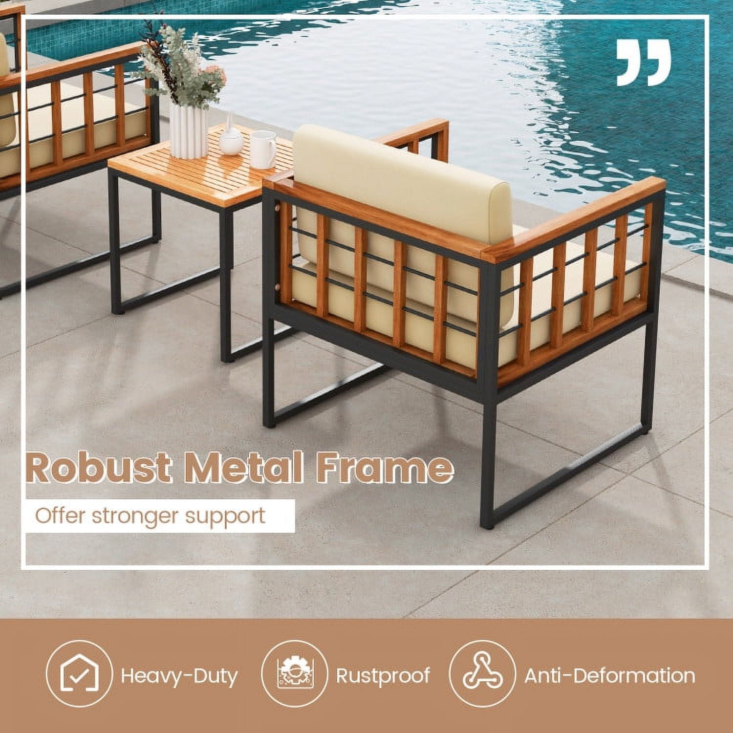Aimee Lii 3 Pieces Patio Chair Set Acacia Wood Outdoor Sofa Set with Soft Cushions, Outdoor Patio Furniture Sets, Beige