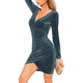thumbnail image 2 of IBTOM CASTLE Womens Velvet Dress Wrap V Neck Long Sleeve Bodycon Ruched Short Mini Dress Christmas Cocktail Party Club Dress M Blue + Gray, 2 of 8