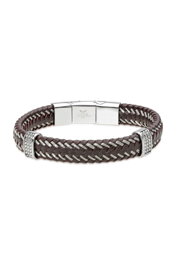 Snake Braided Genuine Brown Leather Bracelet with Stainless Steel Magnetic