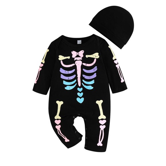 Loalirando Newborn Baby Boy Halloween Outfits Skeleton Skull Romper with Hat Long Sleeve Jumpsuit Playsuit 0-18M