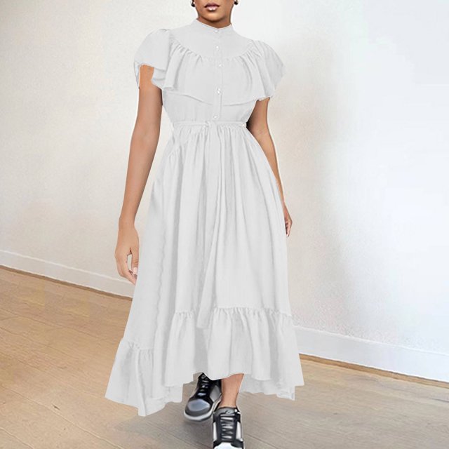 Miqool Robes d'Été pour Femmes à Manches Courtes Robe Maxi Décontractée Ample Boutonnée à Étages Ligne A Fluide Robe Chemise Midi
