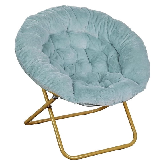 Gwen Oversize Folding Saucer Chair - Dusty Aqua Faux Fur Moon Chair - Soft Metal Frame - 38" Portable Folding Chair - For Dorm and Bedroom