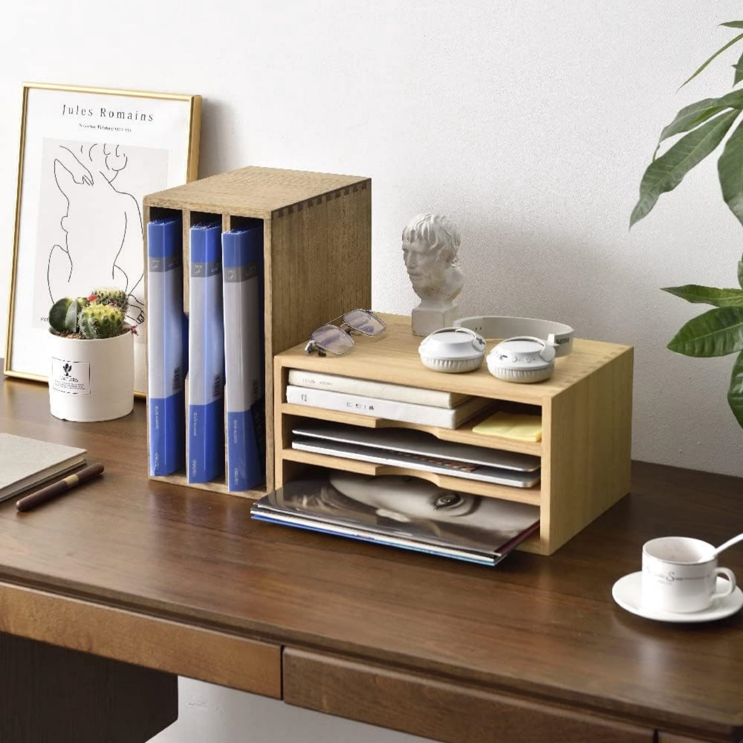 Wooden Desktop Organizer Paper Storage Letter Tray File Sorter - Desk Rack Magazine File Dividers Holders for Home Office Accessories Wood Desk Cabinet with 3 Layer Trays Natural