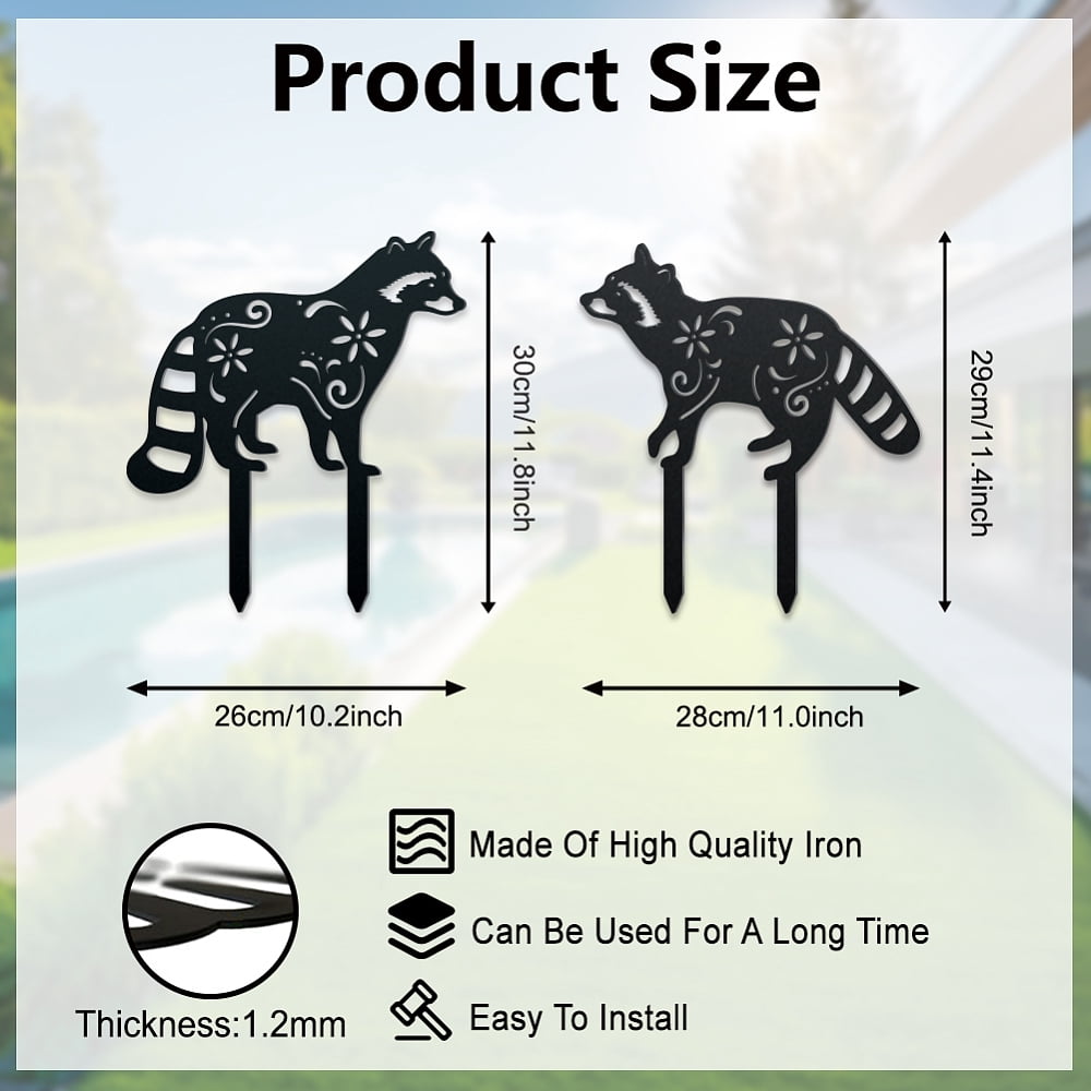 2Pcs Raccoon Metal Decorative Garden Stakes Black Raccoon Silhouette Metal Outdoor Statues Animals Garden Ornament Gifts Black Yard Art Decoration