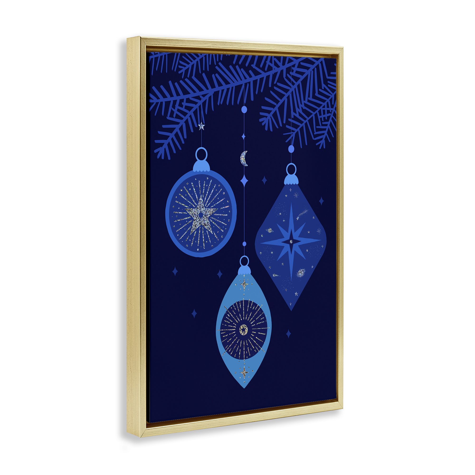 Stupell Industries Blue Hanging Ornaments Holiday Painting Gold Floater Framed Art Print Wall Art, 17 x 25
