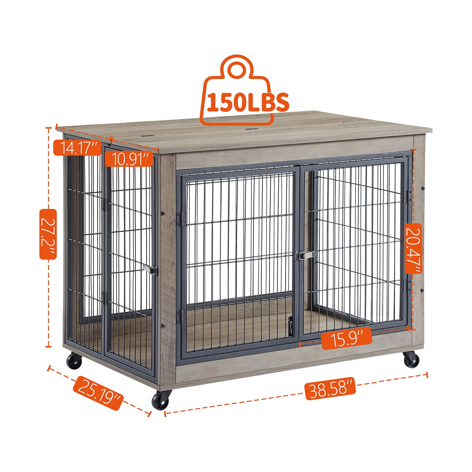 Kadyn 38.58" L Dog Crate Side Table on Wheels with Double Doors and Lift Top, Grey