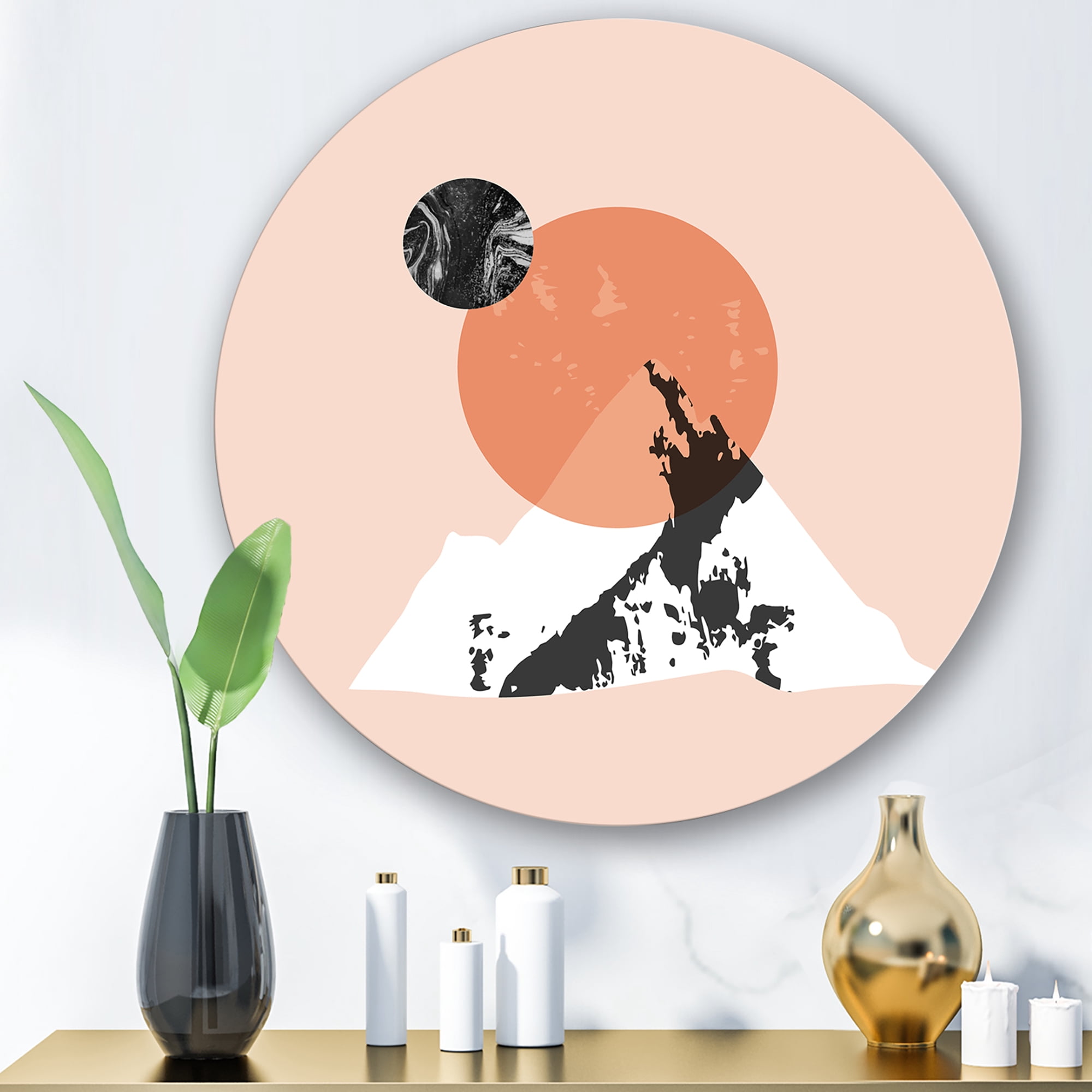 Designart 'Modern Minimalist Mountain Moon and Sun' Modern Circle Metal Wall Art 11x11 - Disc of 11
