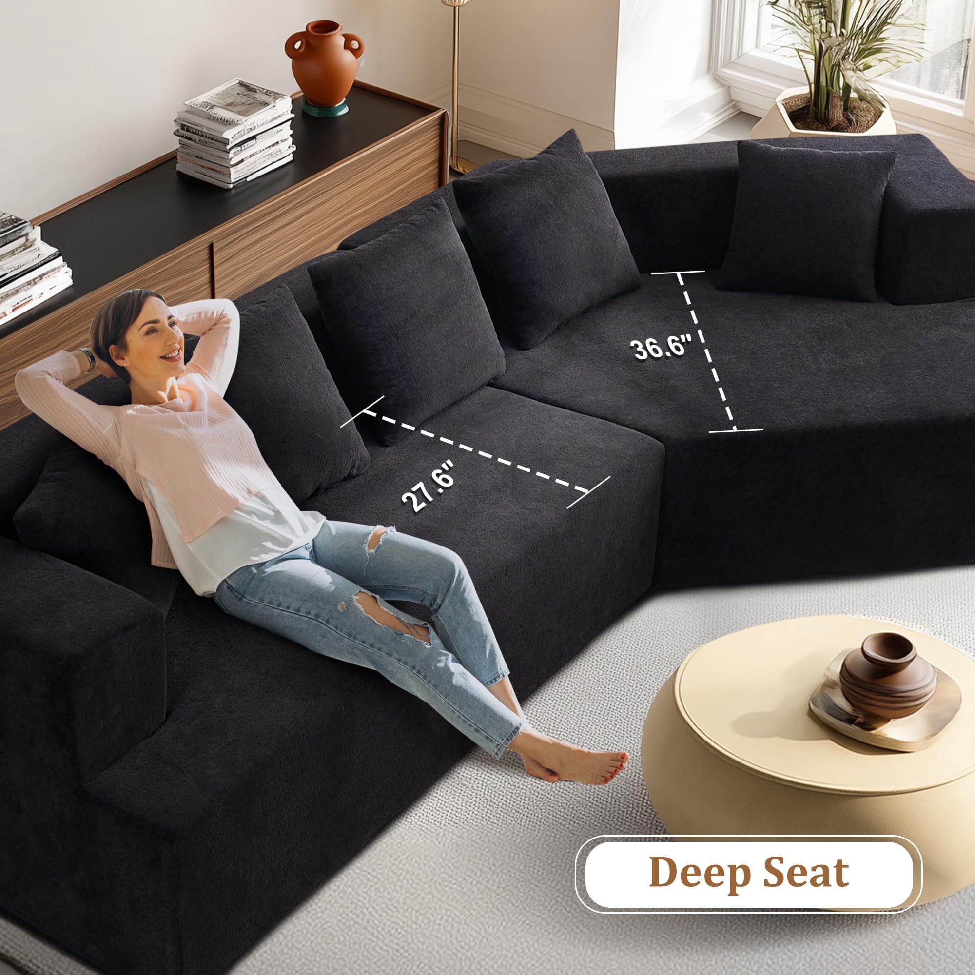 Aukfa 130" Oversized Modular Sectional Sofa Boneless Sofa with Chiase, 5 Pillows, Chenille, Black