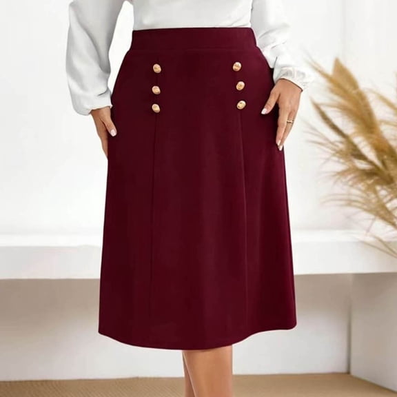 Pounoo Women's Skirts High Waist Double Breasted A Line Midi Skirt Casual Office Wear Lightweight Breathable Loose Fit Work Skirts Gift