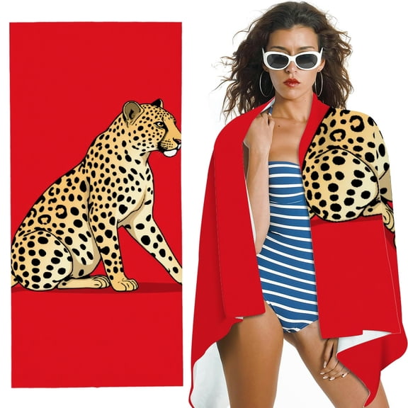 RKSupls Red Background Leopard Microfiber Beach Towel, Extra Large Quick Dry Lightweight Towel for Travel Swimming Camping, Soft Super Absorbent- 30x60 in