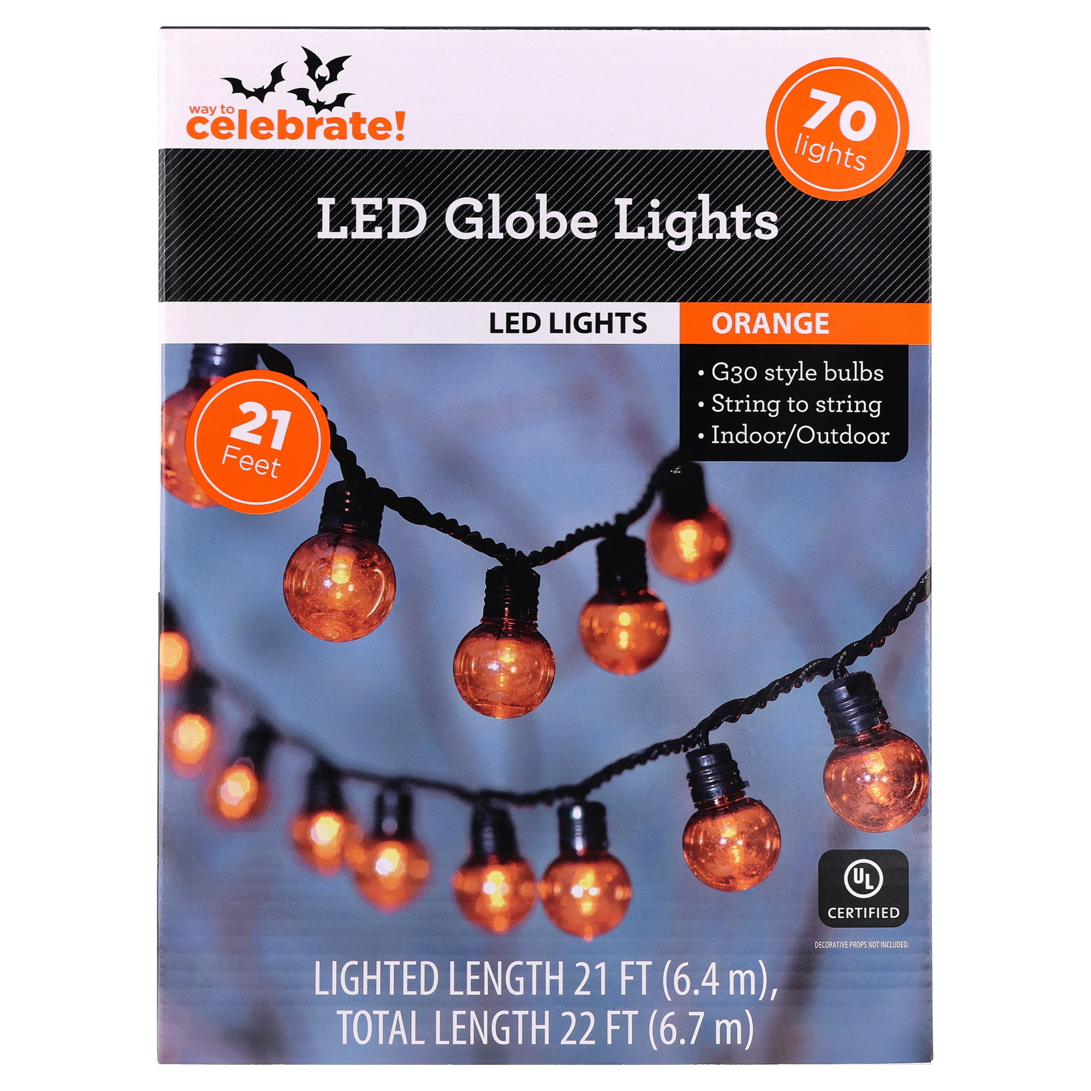 Indoor/Outdoor 70-Count LED G30 Globe String Lights, Orange, 21', Halloween by Way To Celebrate