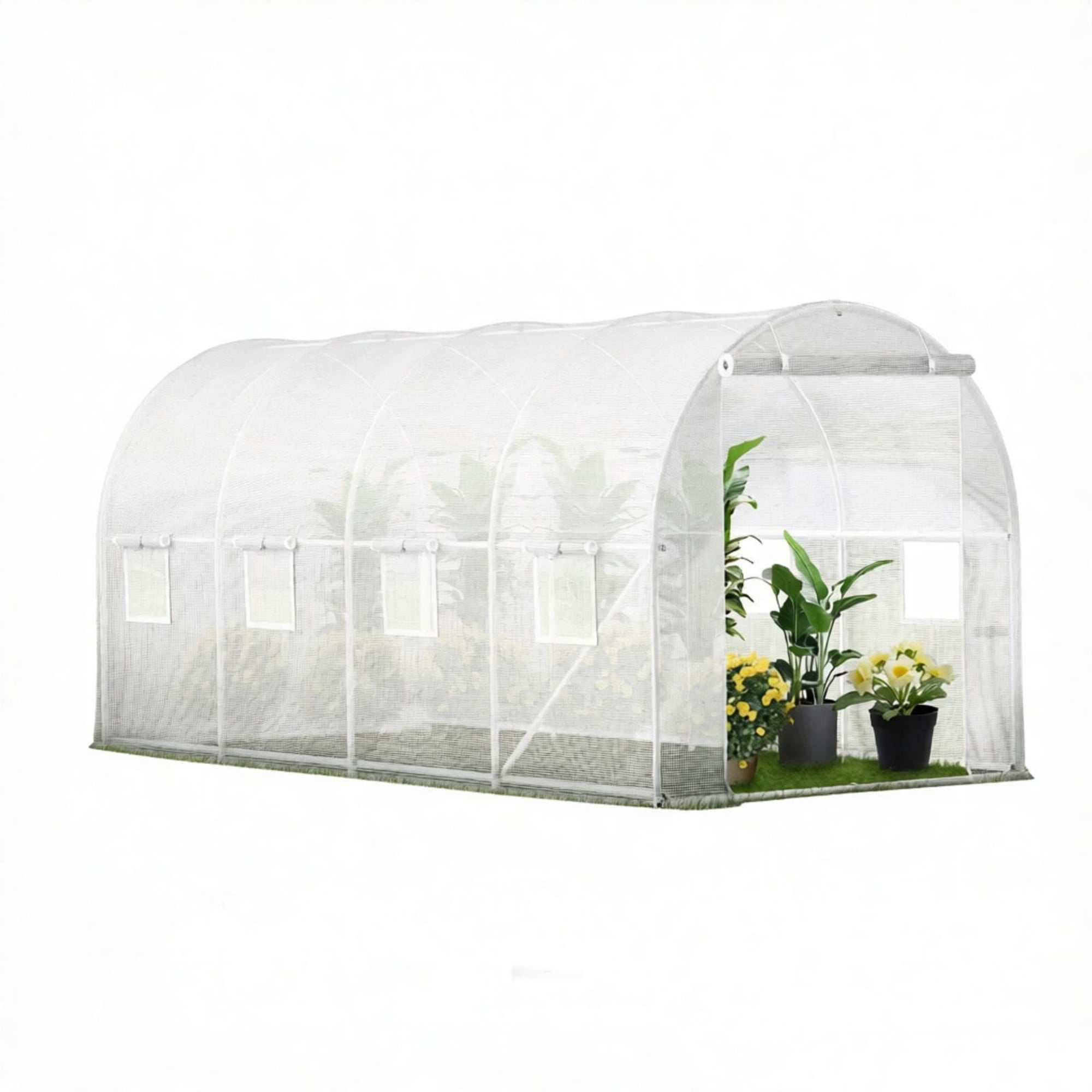 Walk-in Greenhouse, Portable Plant Hot House with Galvanized Steel Hoops, 1 Top Beam & Diagonal Poles, Zippered Door & 8 Roll-up Windows, White 15 x 6.5 x 7ft