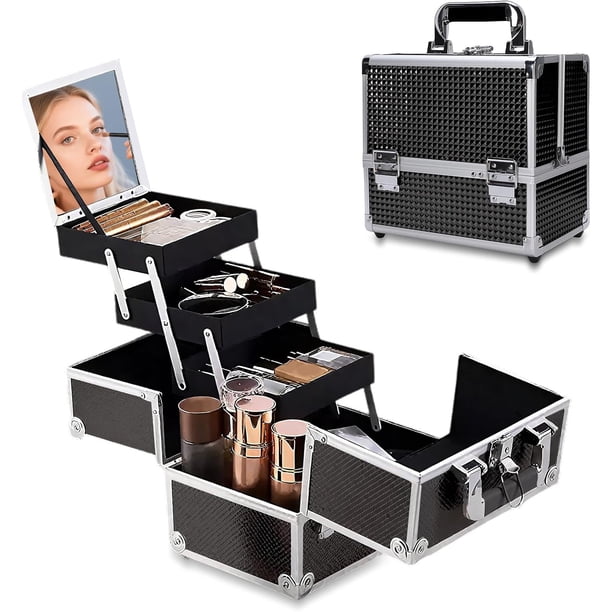 Maletin para Maquillaje, Estuche de Maquillaje Profesional con 3 Bandejas y Espejo, Caja de Maquillaje Portátil con Cerradura, Aluminio Caja para Maquillaje Ideal Para Viajes y Cosmetiquera (Negro)