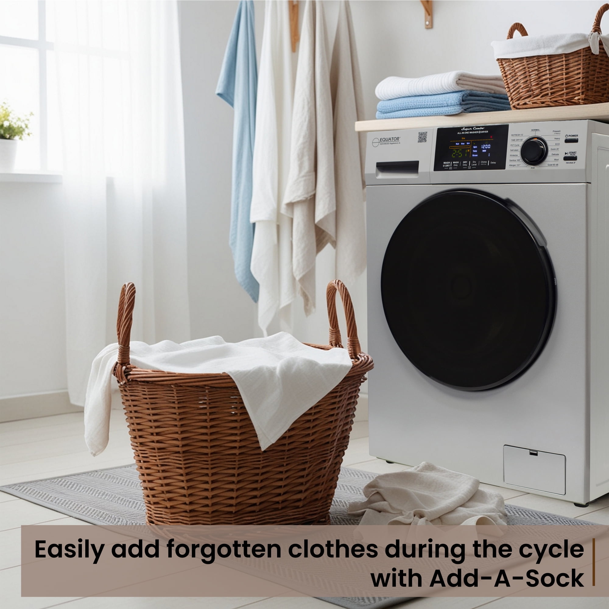 Equator Silver All-in-One Washer Dryer VENTED-DRY 30% FASTER than Condense 15lb 110V with Pet Cycle,Dual Fans and Adjustable Legs