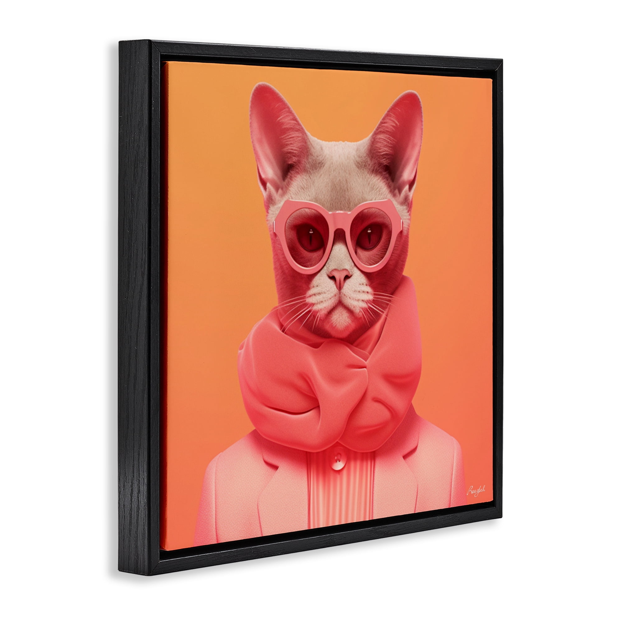 Stupell Industries Retro Glasses Cat on Orange Black Framed Floater Canvas Wall Art, design by Roozbeh