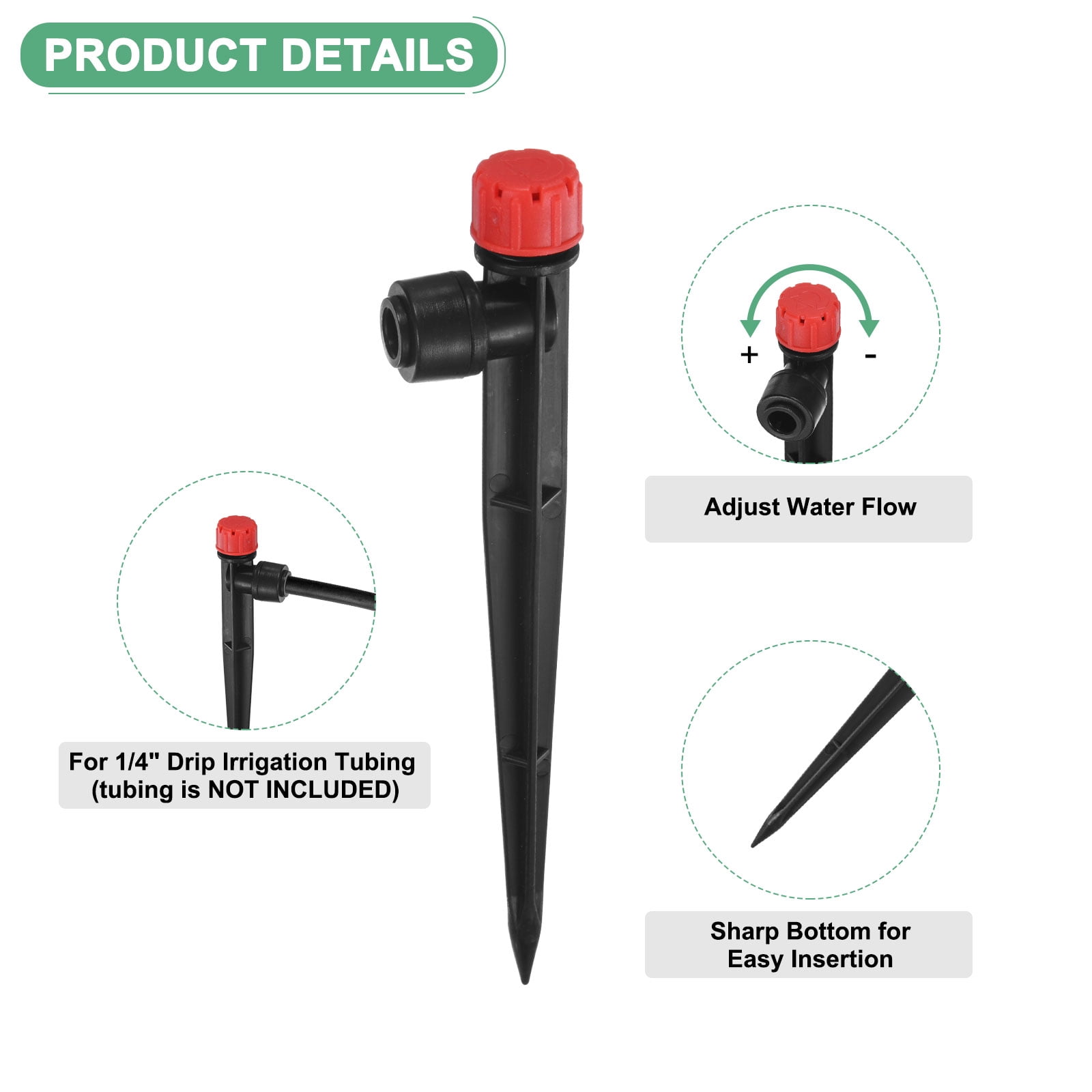 Uxcell 50-Pack Drip Irrigation Emitters, Adjustable 360 Degree Water Flow 8 Holes for 1/4" Tubing [Red, Drip]