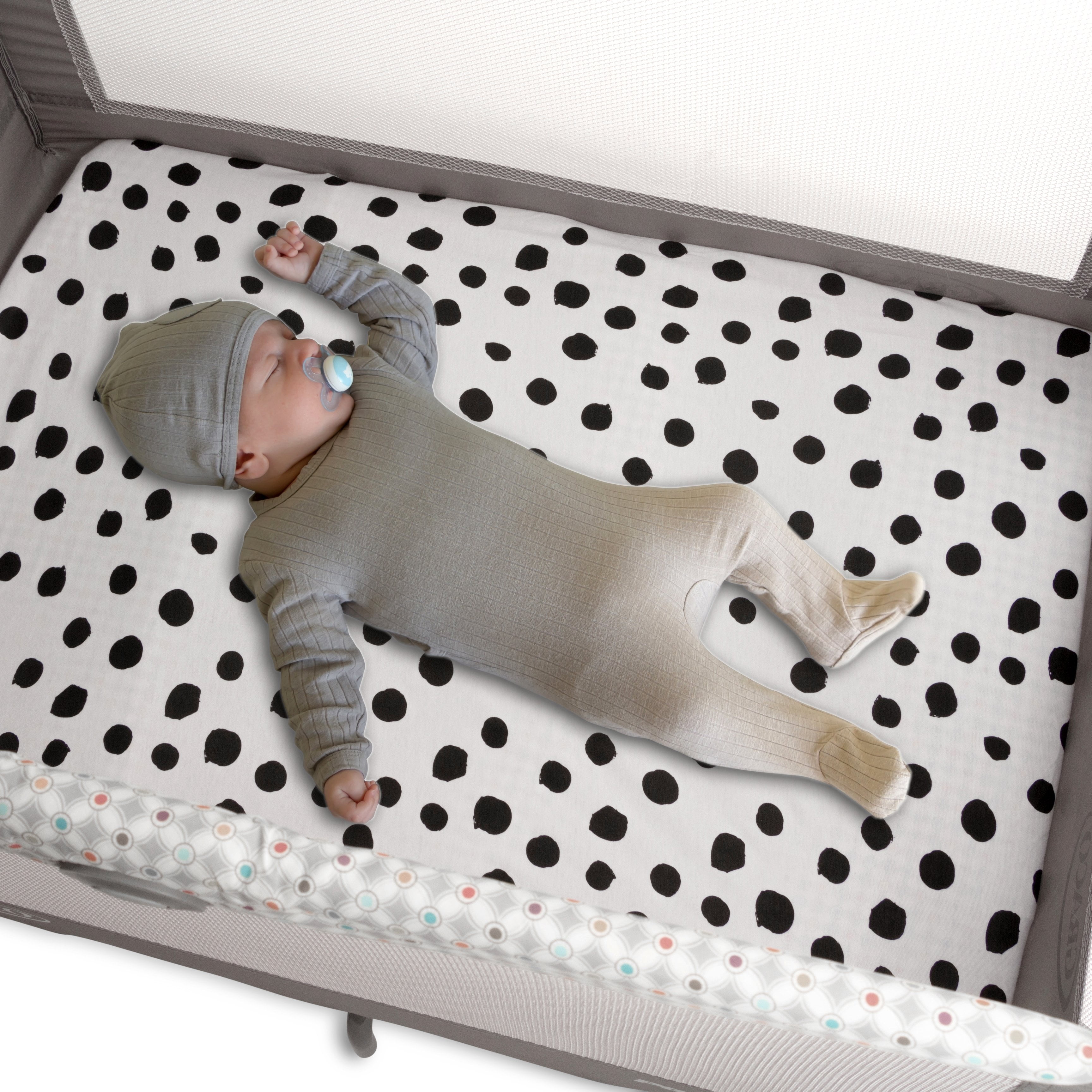 Portable Crib Sheet Set 2 Pack Black and White Abstract Stripes and Dots by Elys /& Co Pack n Play Playard Sheet